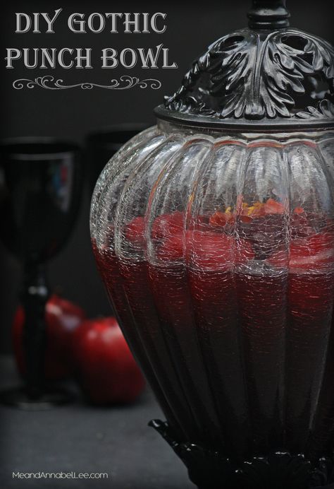 Transform an everyday vase into a Black Gothic Punch Bowl... perfect for a Halloween party or just Gothic Entertaining. Bob for Apples in this Fall Sangria! www.meandannabellee.com Bob For Apples, Diy Gothic, Gothic Wedding Theme, Ancient Alphabets, Annabel Lee, Halloween Decor Diy, Halloween Entertaining, Diy Halloween Decor, Dark Christmas