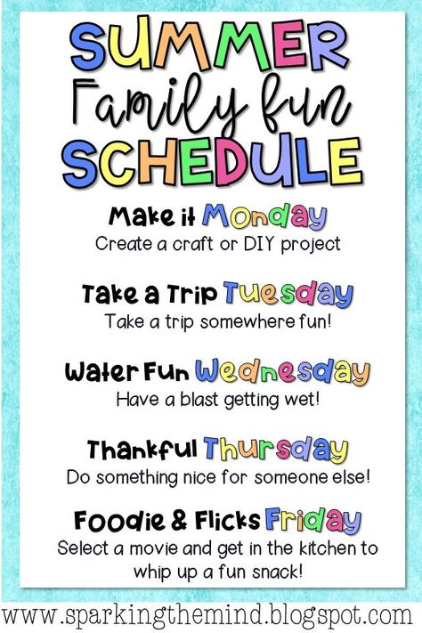 Are you looking for a summer schedule of daily activities and fun to have with your kids while they are home? Try this Summer Family Fun Schedule! Each day has a great summer fun list that all ages can enjoy! Make a craft for "Make it Monday", go somewhere fun for "Take a Trip Tuesday", play with water for "Water Fun Wednesday," spread some cheer for "Thankful Thursday," and relax with a movie and snacks for "Foodie and Flicks Friday." Summer Schedule For Kids, Free Family Activities, Fun List, Make It Monday, Summer Schedule, Kids Schedule, Thankful Thursday, Smart Parenting, Summer Fun List