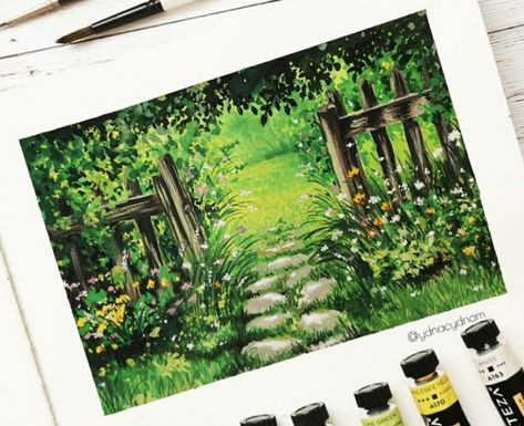 Gouache Garden, Gouache Illustrations, Gouache Art, Painting Art Lesson, Ghibli Art, Landscape Art Painting, Fantasy Paintings, Nature Art Painting, Diy Canvas Art Painting