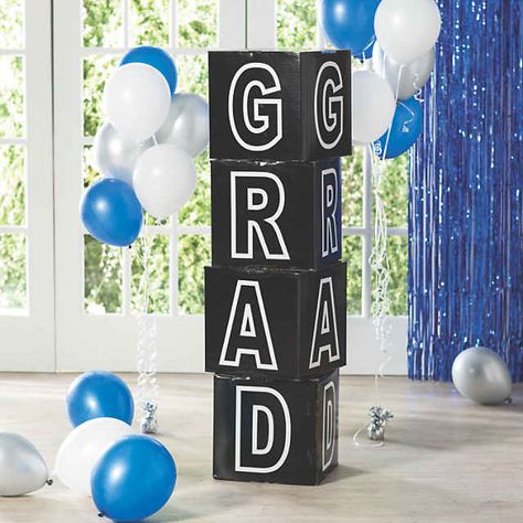 Grad Block Decorations | Oriental Trading Block Decorations, Grad Decoration Ideas, Grad Decor, Graduation Backdrop Ideas Diy, Grad Party Photo Backdrop, Graduation Party Pictures, Graduation Party Desserts, Disney Graduation, High School Graduation Party Decorations