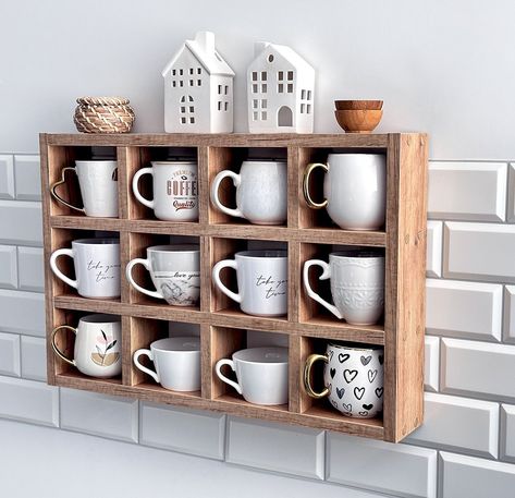 ✨The coffee mug shelf is ideal above a coffee bar, on the wall in your kitchen or at living room for decorations.It's even ideal for storing perfumes and makeup. Here you can store coffee mugs, cups, candles, decorations and more. 📐 SUPERIOR CRAFTSMANSHIP Sleek and minimalist with a modern Farmhouse aesthetic, this shelf is made using professional machines under the supervision of experienced carpenters. You can easily see the superior craftsmanship due to the use of high-quality materials (1.8 cm thick laminated board with ABS veneer) and our meticulous finishing process, with no unsightly chips or other imperfections. Moreover, the laminated board is resistant to moisture and dust. 🛠  SHELF DETAILS * color: oak * Made of high quality laminated board 1.8mm thick (.07 inches) and ABS ven Kitchen Shelf With Mug Hooks, Coffee Mugs Display, Kitchen Spice Cabinet, Coffee Cup Shelf, Coffee Mug Shelf, Mug Wall Rack, Coffee Mug Wall, Coffee Mug Wall Rack, Wine Nook