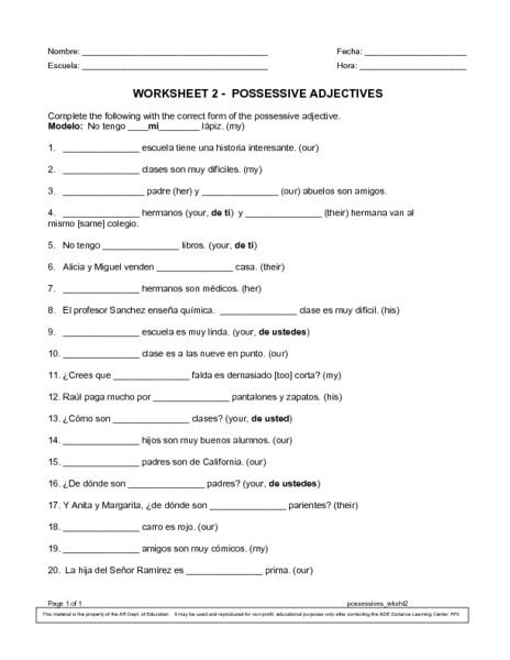 Possessive Adjectives Worksheet | Lesson Planet Possessive Pronouns Worksheet, Possessive Adjectives Spanish, Pronouns Worksheet, Adjectives Worksheet, Possessive Adjectives, Possessive Pronoun, Adjective Worksheet, Spanish Worksheets, French Worksheets