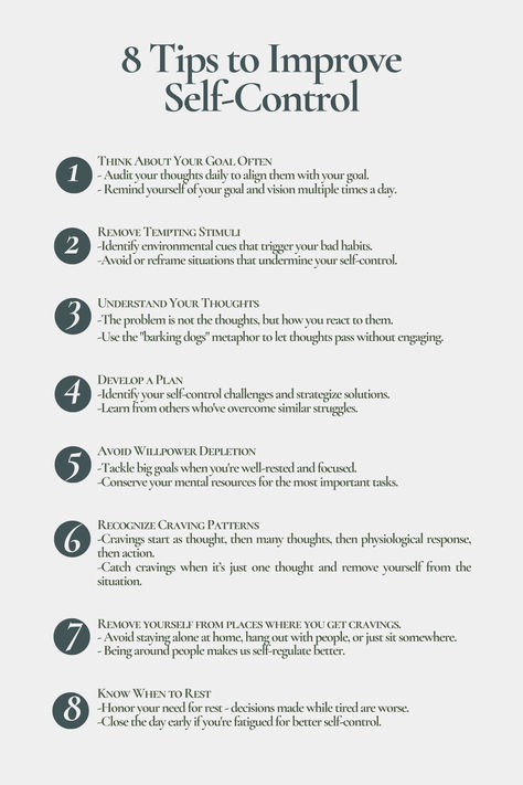 Keep your eye on the prize, remove temptation, understand your thoughts, make a plan, conserve mental energy, manage cravings, and prioritize rest. Master self-discipline and transform your ability to reach your goals. Master self-control and watch your life bloom. Master Self Discipline, Stop Being Reactive, How To Get Control Of Your Life, Regaining Control Of Your Life, How To Practice Self Control, How To Have Self Control, Overcome Laziness, Control Yourself, Eye On The Prize