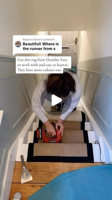 Dunelm on Instagram: "Time for a step change? Our rugs and runners now have up to 30% off in the Big Dunelm Sale... #TheHomeofHomes Featured Product: Herringbone Jute Border Stair Runner - NOW from £103.20 🎥 thehomemakeruk on TikTok [Image description: this is a short video of a person installing a jute stair runner with a black boarder down a white-painted staircase]" Dunelm Stair Runner, Jute Stair Runner, Tiktok Image, Painted Staircase, Timber Stair, Build Inspiration, Instagram Time, Image Description, Stair Runner