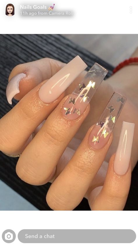 5th Grade Nails, Acrylic Nail Designs Coffin, Acrylic Nails Nude, Gold Acrylic Nails, Butterfly Nails, Grade Spelling, Nude Nail Designs, Homecoming Nails Acrylic, Colored Acrylic Nails