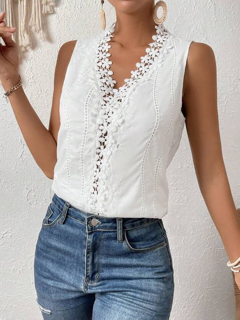 SHEIN Clasi Guipure Lace Panel Sleeveless Blouse | SHEIN USA Blouse Lace, Guipure Lace, Lace Panelled, Work Blouse, Lace Blouse, Sleeveless Blouse, Lace