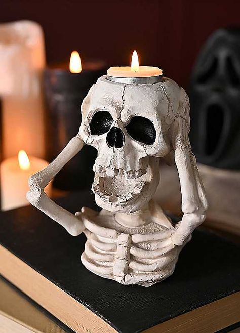 This white skeleton tealight holder would fill any home with candle light this spooky season. Just add your own tealight and watch this dead creepy decoration come to life.Hand painted resin Hand Holding Candle, Holding Candle, Halloween Themed Wedding, Creepy Decor, Ceramic Inspiration, Painted Resin, Gothic Horror, Skull Decor, Halloween Skeleton