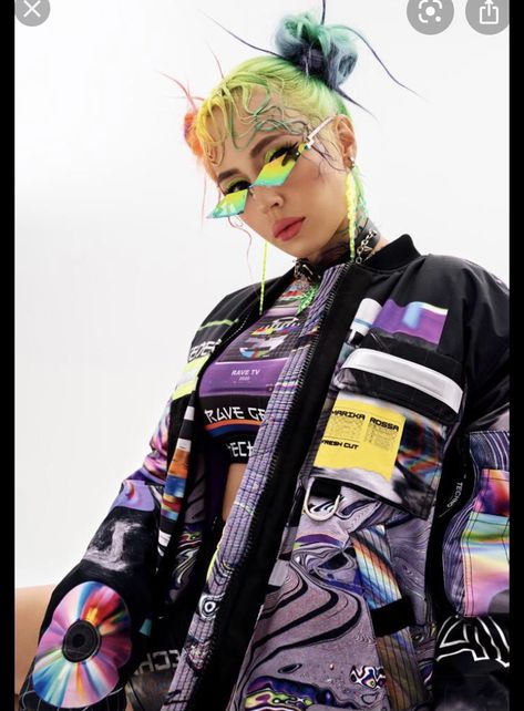 Electropunk Fashion, Synthwave Aesthetic Fashion, Cyberpunk Fashion Women Neon, Colorful Cyberpunk Fashion, Hyper Pop Aesthetic Outfit, Neo Futurism Fashion, Cyberpunk Outfit Colorful, Glowwave Outfits, Cyberpunk Outfit Women Neon