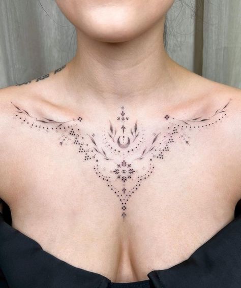 Dot Work Chest Tattoo, Mandala Chest Tattoo, Chest Tattoo Designs Female, Chest Neck Tattoo, Spiral Tattoos, Simple Tattoos For Women, Hand And Finger Tattoos, Neck Tattoos Women, Chest Tattoos