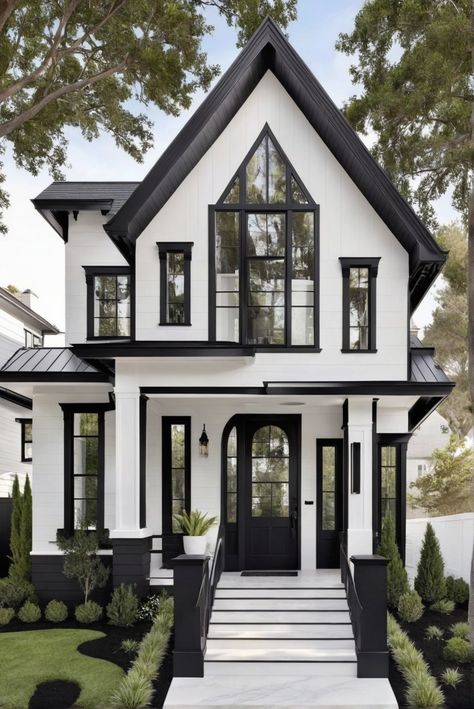 - Exterior design
- White houses
- Black trim
- Elegance revealed White Painted House With Black Trim, Trending House Paint Exterior, White Black Trim House Exterior, Modern White House With Black Trim, Elegant House Colors Exterior, Black Exterior Trim Colors, Black And White Victorian House Exterior, White House Black Trim Cedar Accents Exterior, Black White And Cedar House Exterior