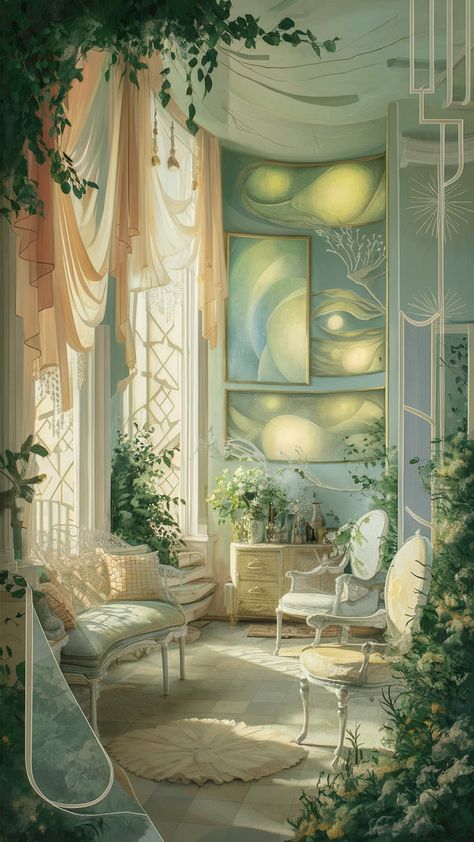 Discover a serene interior scene adorned with pastel hues, flowing drapery, vintage furniture, and Impressionistic artwork. A large window bathes the space in light, enhancing Art Nouveau natural motifs and whimsical Art Deco patterns. Lush greenery and subtle geometric shapes create a harmonious blend of nature and elegance. Perfect for art lovers and home decor enthusiasts! #InteriorDesign #ArtNouveau #PastelDecor #HomeInspiration Art Nouveau Apartment Decor, Art Nouveau Dining Room, Art Nouveau Apartment, Art Nouveau Interior Design, Art Nouveau Living Room, Serene Interior, Art Deco Homes, Natural Motifs, Art Nouveau Interior