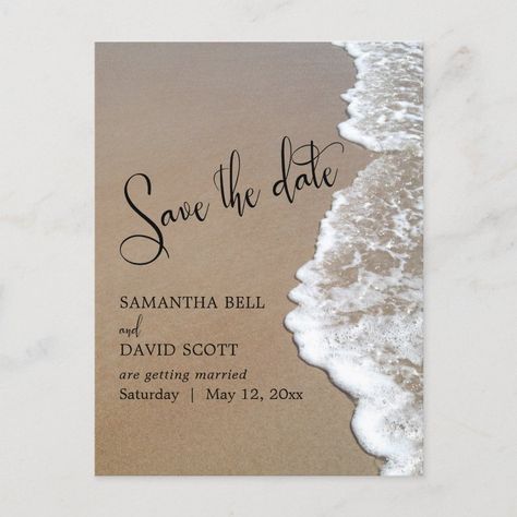 Sand & Foam Beach Wedding Save the Date Announcement Postcard | #beachphoto #sandandsurf #foamywater #sandandfoam #oceansideweddingceremony #beautifulweddingtypography #elegantbeachmarriageinvite #subtlebeachscene #coastalweddingdesign #coastalphotography Sand Foam, Spring Beach Wedding, Beach Wedding Save The Date, Small Beach Weddings, Diy Beach Wedding, Beach Theme Wedding Invitations, Dream Beach Wedding, Beachy Wedding, Beach Wedding Reception