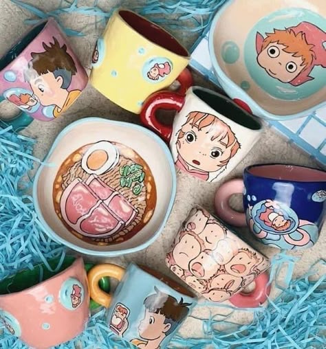 Pottery Painting Ponyo, Ponyo Ceramic Bowl, Studio Ghibli Ceramic Mug, Howls Moving Castle Pottery Painting, Ceramic Mugs Painting, Anime Ceramics Ideas, Pottery Painting Studio Ghibli, Ponyo Bowl, Ponyo Ceramics