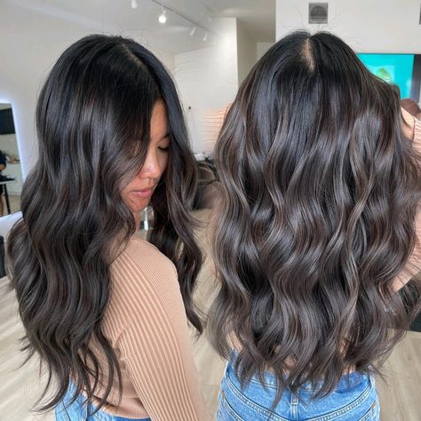 Ash Brown Balayage on Brunette Base Asian Hair Balayage Ash, Dark Ash Brown Hair Colour, Natural Ash Brown Hair, Brown Hair Color Styles, Chocolate Brunette Hair Color, Ash Brown Hair Color Ideas, Ash Brown Hair With Highlights, Ash Brown Hair Balayage, Dark Ash Brown Hair