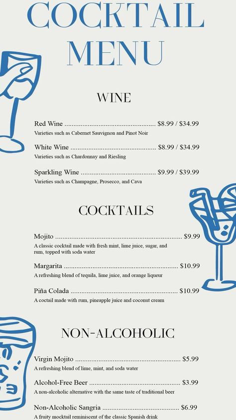 Alcohol Menu Design, Cocktails Menu Design, Wine Menu Design, Drink Menu Ideas, Bar Website Design, Cocktail Menu Design, Bar Menu Design, Menu Graphic, Drink Menu Design