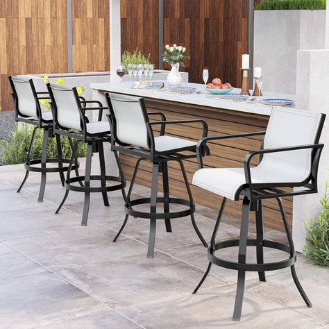 Give your entertainment area an inviting appeal with 2pcs or 4pcs patio bar stools set from Pellebant. The armest and backrest design of the bar stools are curved and designed to be ergonomic, making you feel soft, comfortable and relaxed. Outdoor Barstools Swivel, Outside Bar Stools, Concrete Bar, Backrest Design, Pool Landscape, House Bar, Covered Deck, Patio Bar Stools, Entertainment Area