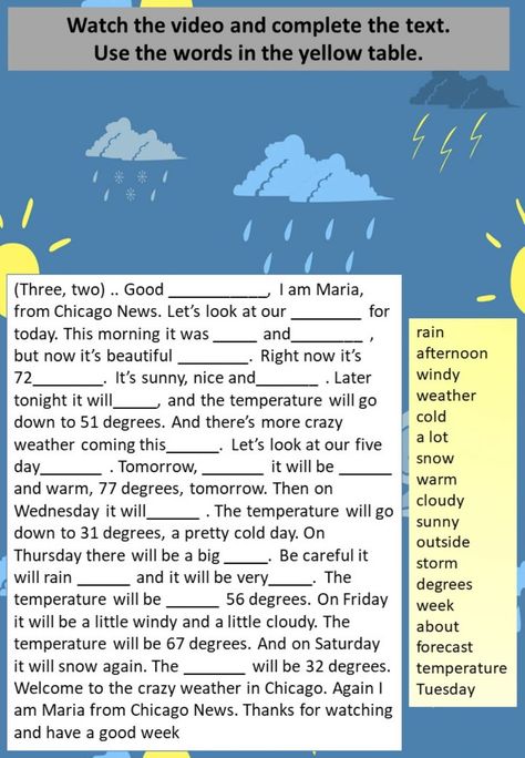 Weather Reading Comprehension, Weather Broadcast, Listening Worksheet, English Reading Skills, Weather Worksheets, English Worksheet, English Exercises, English Grammar Worksheets, English Vocab