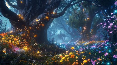 Enchanted Forest Glade: A mystical forest glade awash with bioluminescent flowers and butterflies under ancient, towering trees. #enchanted #forest #glade #bioluminescent #flowers #aiart #aiphoto #stockcake ⬇️ Download and 📝 Prompt 👉 https://ayr.app/l/5qD8 Enchanted Forest Desktop Wallpaper, Bioluminescent Flowers, Forest Desktop Wallpaper, Bioluminescent Forest, Enchanted Theme, Forest Glade, Mystical Forest, Flowers And Butterflies, Image Downloads