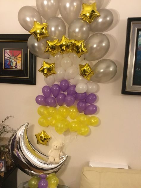 Purple And Yellow Gender Reveal, Yellow Gender Reveal, Gender Neutral Gender Reveal, Neutral Gender Reveal, Moon Gender, Gender Reveal Decor, Balloon Bear, Moon Balloon, Gender Spectrum