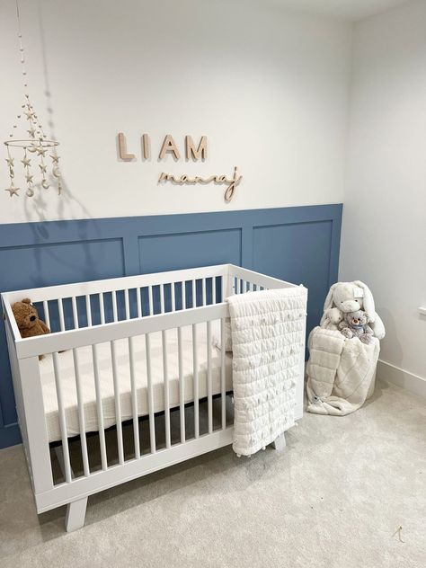 Blue Board And Batten, Nursery Inspiration Boy, Board And Batten Accent Wall, Batten Accent Wall, Luxury Baby Room, Blue Nursery Boy, Nursery Accent Wall, Baby Boy Room Decor, Nursery Name Sign