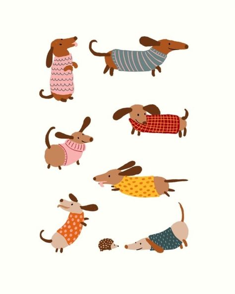 Cute Art For Stickers, Cute Dashounds Drawings, Weenie Dog Illustration, Dashound Illustration, Daschund Drawing Illustration, Weener Dogs Drawing, How To Draw Dachshund, Weiner Dog Illustration, Dachshund Dog Illustration