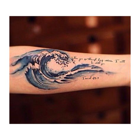 Isaiah + wave Oceans Song Tattoo, Storm Waves Tattoo, Water Tattoos For Women Waves, Crashing Waves Tattoo, Isaiah 43 2 Tattoo, Isaiah Tattoo, Indigo Tattoo, Ocean Wave Tattoo, Ocean Sleeve Tattoos