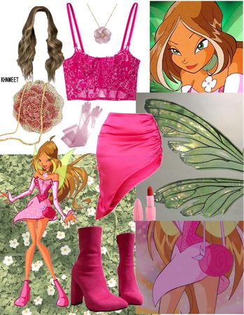 Group Halloween Costumes Winx Club, Pink Winx Fairy Costume, Flora Winx Fairy Costume, Flora Winx Outfit Ideas, Winx Halloween Costume Group, Flora Fairy Costume, Flora Winx Club Outfit Halloween, Flora Winx Club Halloween Costume, Winx Group Costume