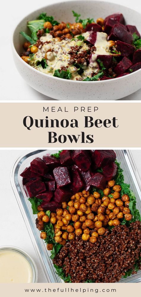 A glass, rectangular storage container holds the components for a plant-based meal, with a small container of dressing nearby. Gut Healing Bowls, Beet Salad Meal Prep, Beet Bowl Recipe, Meal Prep With Beets, Beet Chickpea Salad, Winter Buddha Bowl, Wfpb Meal Prep, Beet Bowl, Meal Prep Quinoa