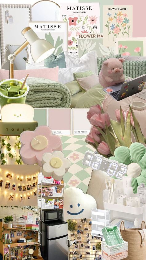 College dorm ideas 💡 Pink And Green Themed Room, Dorm Room Color Schemes Colour Palettes, Green And Pink Dorm Room, Pink And Green Dorm Room, Pink And Green Bedroom Ideas, College Dorm Ideas, Dorm Room Color Schemes, Dorm Colors, Dorm Themes