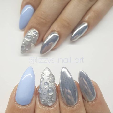 In light of the rain. @yen_xo #mirrornails #waterdropnails #nailart #nailartideas #lizzysnailart #waterdrop #nailartselfie #babybluenails… Blue Rain Nails, Rain Inspired Nails, Water Drip Nails, Raindrop Nails Water Drops, Dewdrop Nails, Rain Nails Design, Rain Drop Nails Design, Water Drops Nails, Rain Nail Art