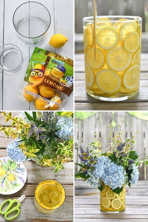 Blue Hydrangea And Lemon Centerpiece, Main Squeeze Bridal Shower Flowers, Vases With Lemons And Flowers, Blue And Lemon Centerpieces, Lemon Shower Centerpieces, Lemon Filled Flower Vase, Lemon In Vase With Flowers, Lemon In Flower Vase, Lemons In A Vase