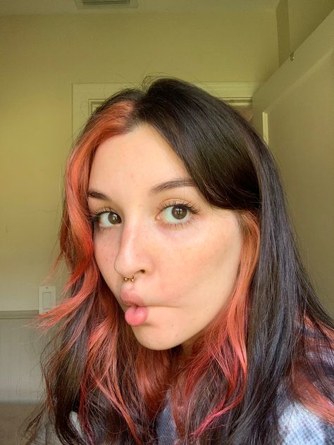 Cute alt egirl hair inspo dye dyed pink red orange tiktok Red And Orange Underneath Hair, Orange Egirl Hair, Underneath Dyed Hair Pink Blonde, Red Hair With Orange Underneath, Red And Orange Hair Split, Orange Dye Hair, Grown Out Dyed Hair, Orange Underdye Hair, Underdye Hair Red