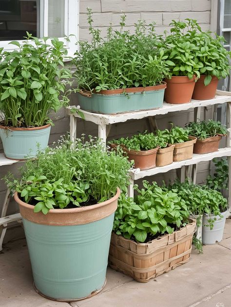 Discover creative container herb garden ideas to add charm and interest to your garden. Includes unique pots and growing tips. Back Deck Herb Garden, Kitchen Herb Garden Outdoor, Herb Pot Ideas, Small Herb Garden Ideas, House Visualisation, Patio Herb Garden Ideas, Container Herb Garden Ideas, Deck Herb Garden, Herb Container Garden