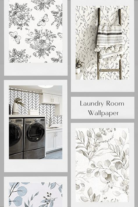 Wallpaper Laundry Room Accent Walls Modern, Wallpaper In Small Laundry Room, Modern Farmhouse Wallpaper Powder Room, Wallpapers For Laundry Rooms, Laundry Room Statement Wall, Modern Farmhouse Wallpaper Bedroom, Removable Wallpaper Laundry Room, Farmhouse Wallpaper Laundry Room, Laundry Closet Wallpaper Ideas