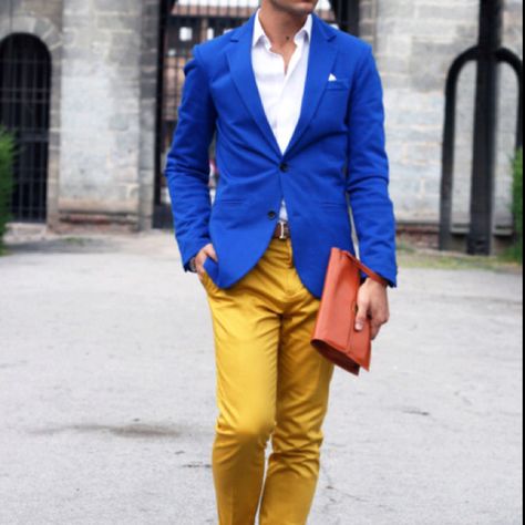 Color Blocking Mens  Yes please. Yellow Pants Outfit, Vest Outfits Men, Yellow Color Combinations, Royal Blue Blazers, Royal Blue Suit, Below The Knee Dresses, Yellow Vest, Formal Men Outfit, Color Combinations For Clothes