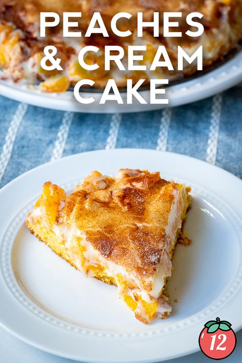 Peaches and Cream Cake | 12 Tomatoes Peaches And Cream Cake 12 Tomatoes, Peaches And Cream Cake, Peaches And Cream Cake Recipe, Peach Cake, Peach Desserts, Peaches N Cream, Peach Recipe, Moist Cakes, Cream Cake