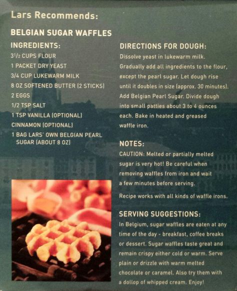 Liège Waffles recipe from Lars' Own Belgian Pearl Sugar box Belgian Waffle Topping Ideas, Authentic Belgian Waffle Recipe, Waffle Belgian, Belgian Liege Waffle Recipe, Pancake Business, Pearl Sugar Waffles, Belgium Waffle Recipe, Easy Belgian Waffle Recipe, Liege Waffles Recipe