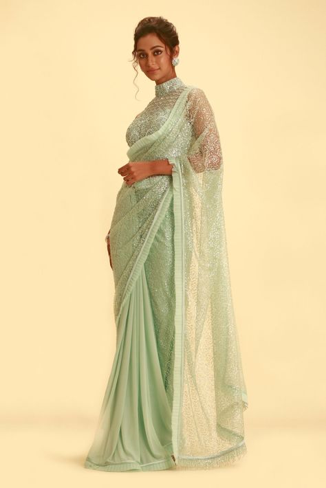 MINT GREEN SAREE WITH BEADED PALLU AND MATCHING EMBROIDERED BLOUSE - Seasons India Mint Green Saree, Blouse Designs Saree, Green Sari, Black Sparkly Dress, Fancy Saree, Saree Draping, Saree Silk, Saree Blouse Designs Latest, Satin Saree