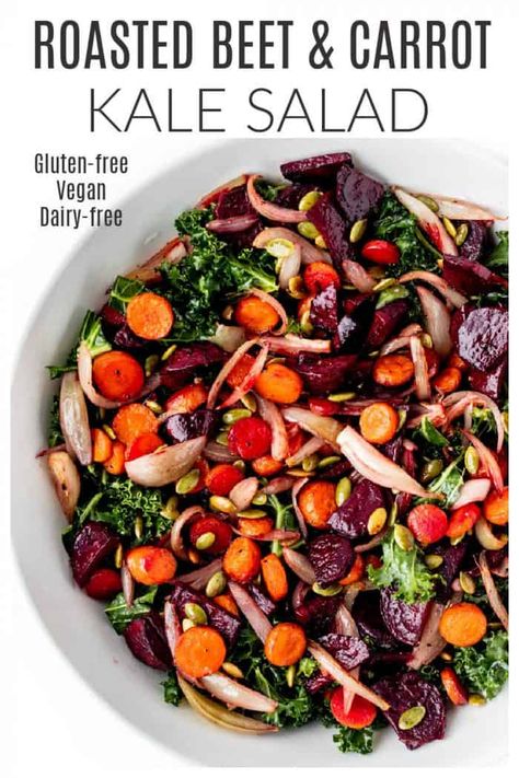 Roasted Beets and Carrots Kale Salad | Haute & Healthy Living Kale And Beet Salad, Beets And Carrots, Carrots Beets, Roasted Beets And Carrots, Fall Eats, Beet Salad Recipes, Freezer Recipes, Sweet Potato Kale, Csa Recipes