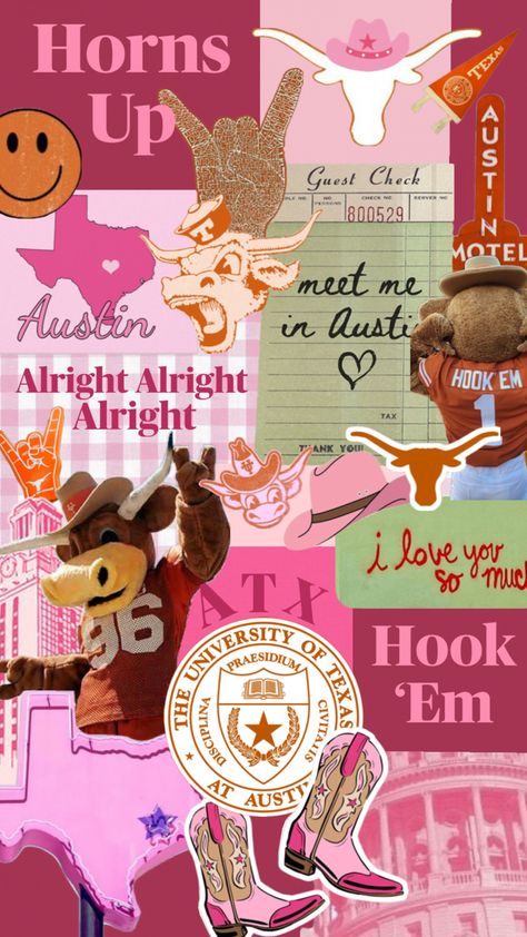 Pink, collage, The University of Texas at Austin College Canvas, College Vision Board, Ut Longhorns, Life Quotes Wallpaper, Hook Em Horns, Texas Christmas, M Wallpaper, Ut Austin, Dream School