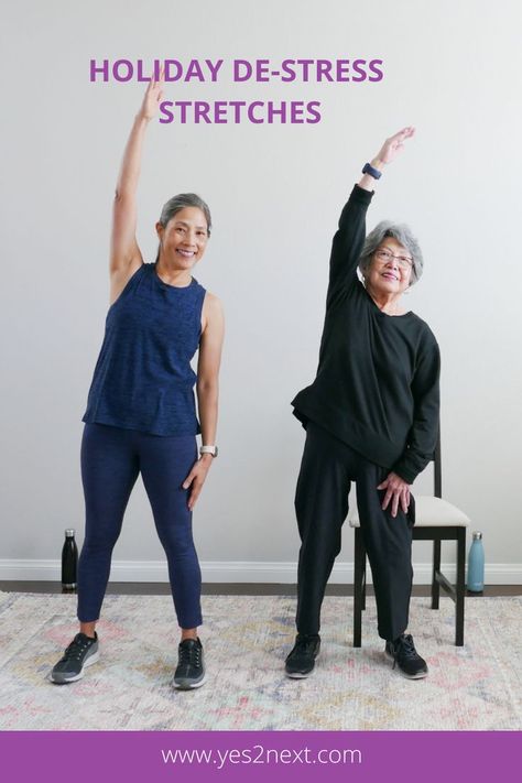 De-stress during the holidays with dynamic stretches as a warm up before 30 second static stretches. Can be done in a chair or standing. Upper Body Static Stretches, Assisted Stretching Techniques, Dynamic Stretches Warmup, Standing Stretches, Dynamic And Static Stretching, Dynamic Stretching Warmup Upper, Static Stretches, Gentle Exercise, Gymnastics Routines