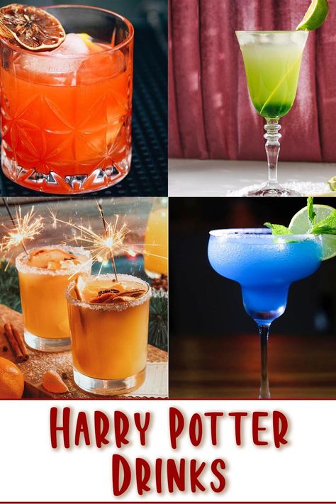 Harry Potter Drinks Harry Potter Alcoholic Drinks Recipes, Fire Whiskey Harry Potter, Harry Potter Non Alcoholic Drink Recipes, Harry Potter Potion Drinks, Harry Potter Themed Drinks Cocktails, Harry Potter Jello Shots, Hogwarts Cocktails, Mocktails Non Alcoholic Harry Potter, Hufflepuff Drink