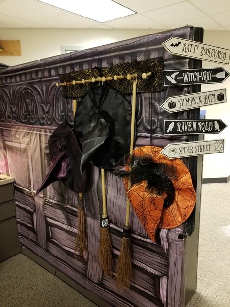 Witch Cubicle Decor, Witches Office Decor, Office Halloween Decorations Witch Theme, Witch Theme Office Decorations, Halloween Office Cube Decorations, Halloween Witch Office Decorations, Witch Cubicle Decorations, Halloween Decorations Cubicle, Halloween Office Decorations Front Desk