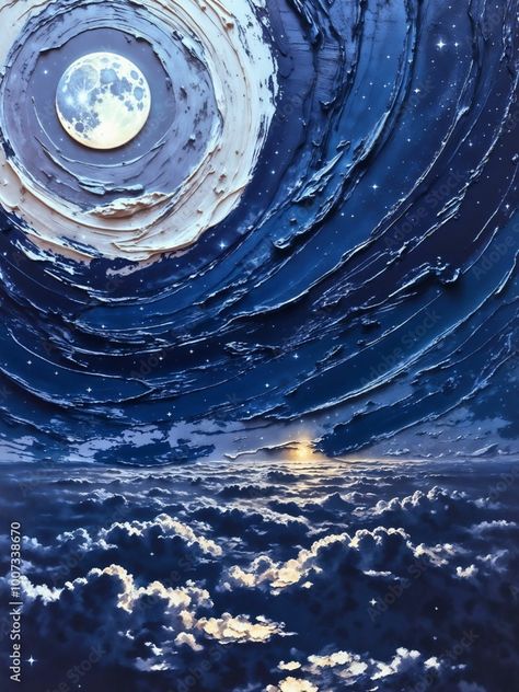 Surreal Celestial Landscape: Navy Blue Impasto Skies and Moonlit Clouds Stock Illustration Surreal Dreamscape, Celestial Landscape, Skyscape Art, Sky Landscape, Impasto Painting, Cloud Painting, Paint And Sip, Paintings Art Prints, Photo Illustration