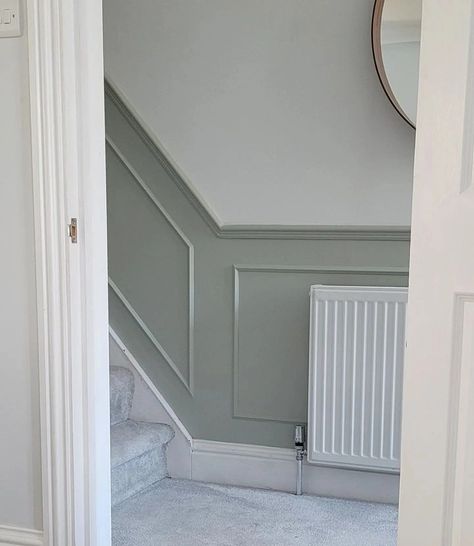 Bathroom Panelling Colour Ideas, Panelled Hallway Stairs Colours, Wall Panelling Ideas Hallway, Beading Panelling Hallway, Half Height Panelling Hallway, Entrance Way Panelling, Hall Ways Ideas Panelling, Panelling Hallway Colours, Stair Panelling Colour Ideas