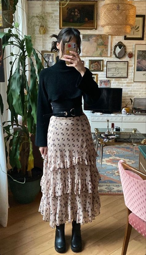 What To Wear Birthday Party Outfits, Tiered Maxi Skirt Outfit Fall, Romantic Modest Outfit, Winter Boho Dress, Witchy Winter Outfits Cold Weather, Professional Witchy Outfits, Cute Modest Dresses Casual, Whimsigoth Business Casual, Modern Bohemian Fashion