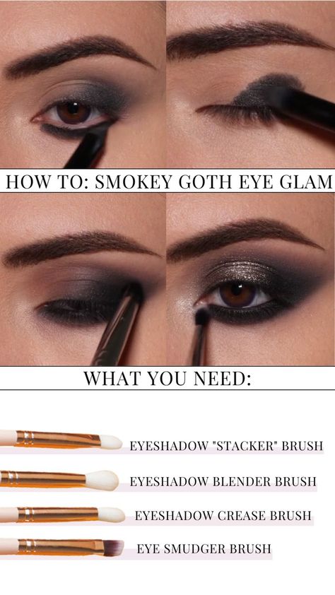 How To: Goth Makeup. 4 step-by-step guide to do goth makeup, goth eyeshadow easy. All you need is 4 brushes for eyeshadows Eyeshadow For Beginners, Gothic Makeup Tutorial, Goth Makeup Looks, Goth Makeup Tutorial, Goth Eye Makeup, Welcome To The Dark Side, Elegant Goth, Holiday Makeup Looks, Dark Eyeshadow