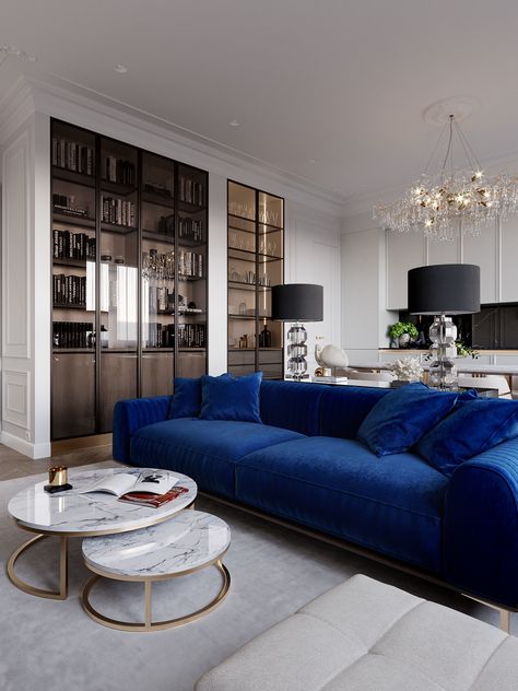 Interior on Behance Blue Sofa Living Room Ideas, Blue Sofa Living Room, Blue Velvet Sofa Living Room, Sofa Living Room Ideas, Blue Sofa Living, Blue Sofas Living Room, Velvet Sofa Living Room, Blue Living Room Decor, Corner Sofa Set