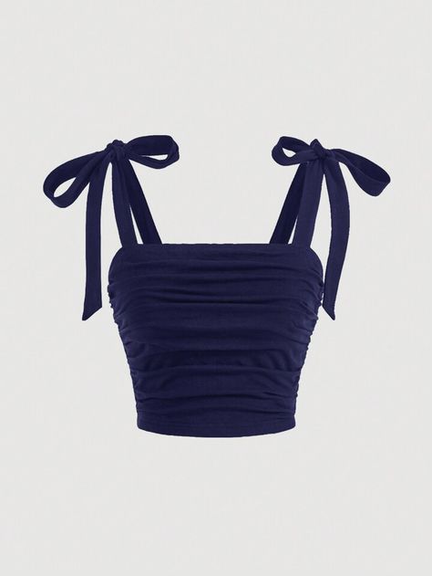 SHEIN MOD Black Bow Summer Top Solid Tie Shoulder Ruched Wide Strap Top | SHEIN USA Bow Tops Outfit, Wide Straps Top, Top Azul, Strap Crop Top, Navy Blue Top, Crop Top Outfits, Inspiration Mode, Solid Tops