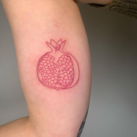 Pomegranate Stick And Poke, 20s Tattoo Ideas, Small Pomegranate Tattoo, Pomegranate Tattoo Simple, Grapefruit Tattoo, Fruit Tattoos, Pomegranate Tattoo, Lake Tattoo, Fruit Tattoo